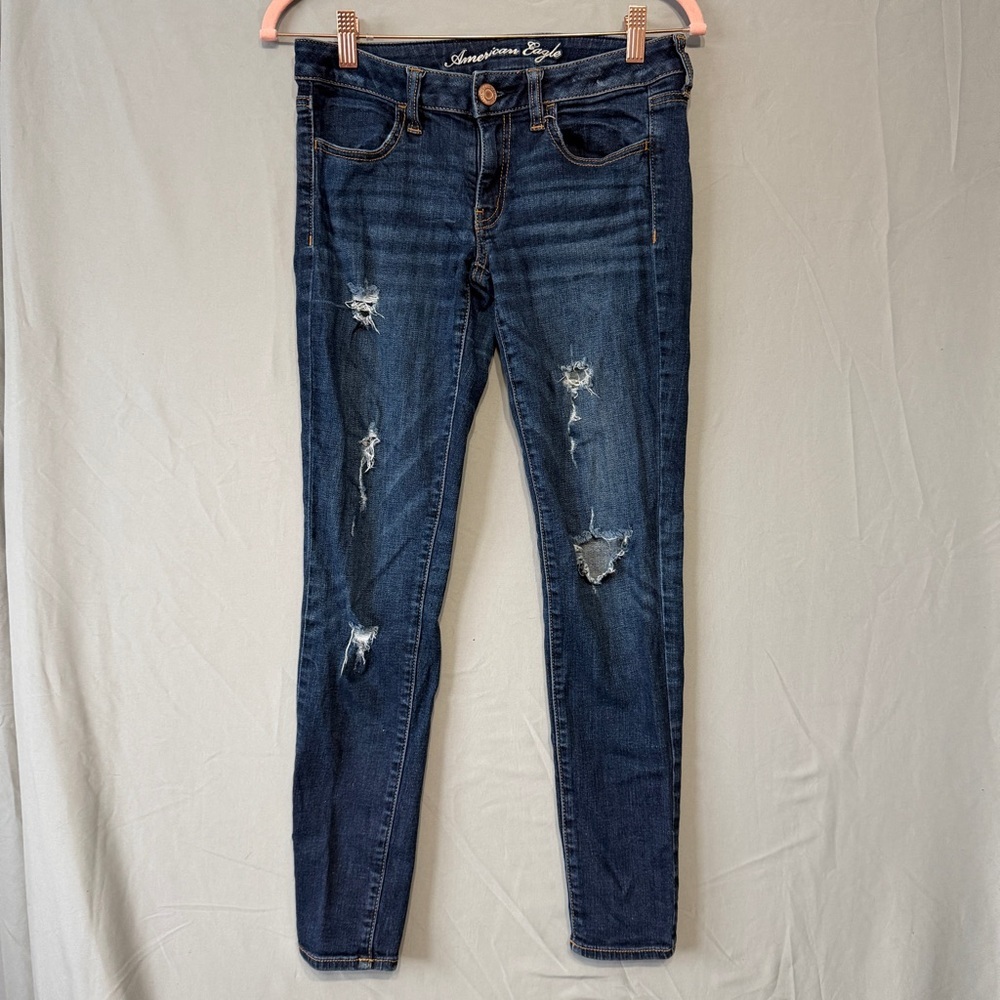American Eagle Womens 6 Distressed Skinny Jeggings Short Dark Blue Denim Grunge